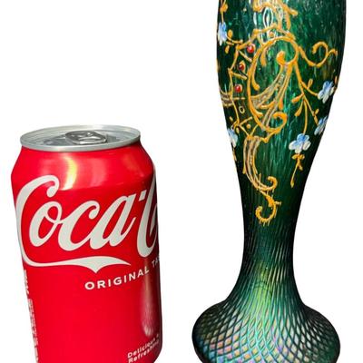Art Nouveau Green Iridescent Vase with Hand Painted Flowers