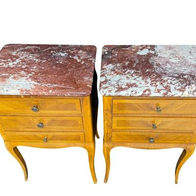 Pair of Louis XV Style Marble Top Bedside Tables