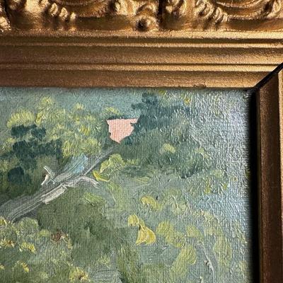 Sale Photo Thumbnail #116: This is a trio of G. Lancois oils on canvas. They are 19th century European pieces, depicting journey and romance. There is age related wear, including craquelure, some early repairs, and minimal paint loss. There is also some minimal gesso loss to the fr