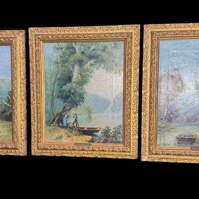 Sale Photo Thumbnail #106: This is a trio of G. Lancois oils on canvas. They are 19th century European pieces, depicting journey and romance. There is age related wear, including craquelure, some early repairs, and minimal paint loss. There is also some minimal gesso loss to the fr