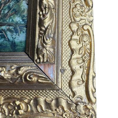 Sale Photo Thumbnail #117: This is a trio of G. Lancois oils on canvas. They are 19th century European pieces, depicting journey and romance. There is age related wear, including craquelure, some early repairs, and minimal paint loss. There is also some minimal gesso loss to the fr