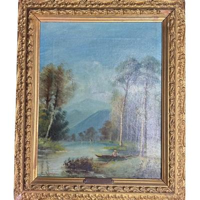 Sale Photo Thumbnail #107: This is a trio of G. Lancois oils on canvas. They are 19th century European pieces, depicting journey and romance. There is age related wear, including craquelure, some early repairs, and minimal paint loss. There is also some minimal gesso loss to the fr