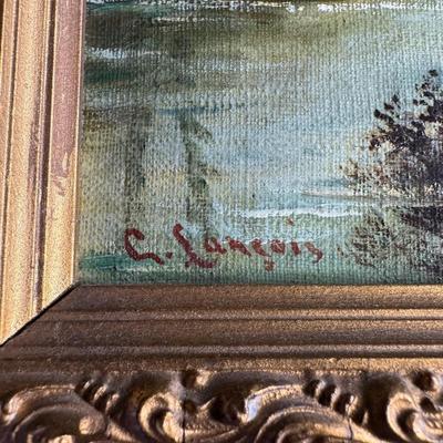 Sale Photo Thumbnail #108: This is a trio of G. Lancois oils on canvas. They are 19th century European pieces, depicting journey and romance. There is age related wear, including craquelure, some early repairs, and minimal paint loss. There is also some minimal gesso loss to the fr