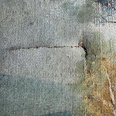 Sale Photo Thumbnail #110: This is a trio of G. Lancois oils on canvas. They are 19th century European pieces, depicting journey and romance. There is age related wear, including craquelure, some early repairs, and minimal paint loss. There is also some minimal gesso loss to the fr