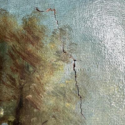 Sale Photo Thumbnail #109: This is a trio of G. Lancois oils on canvas. They are 19th century European pieces, depicting journey and romance. There is age related wear, including craquelure, some early repairs, and minimal paint loss. There is also some minimal gesso loss to the fr