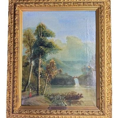 Sale Photo Thumbnail #119: This is a trio of G. Lancois oils on canvas. They are 19th century European pieces, depicting journey and romance. There is age related wear, including craquelure, some early repairs, and minimal paint loss. There is also some minimal gesso loss to the fr