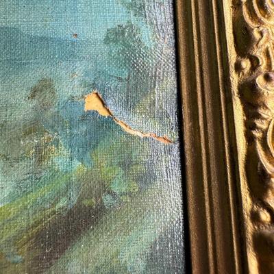 Sale Photo Thumbnail #120: This is a trio of G. Lancois oils on canvas. They are 19th century European pieces, depicting journey and romance. There is age related wear, including craquelure, some early repairs, and minimal paint loss. There is also some minimal gesso loss to the fr