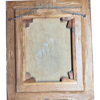 Sale Photo Thumbnail #118: This is a trio of G. Lancois oils on canvas. They are 19th century European pieces, depicting journey and romance. There is age related wear, including craquelure, some early repairs, and minimal paint loss. There is also some minimal gesso loss to the fr