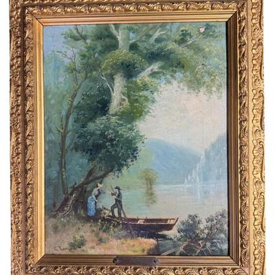 Sale Photo Thumbnail #115: This is a trio of G. Lancois oils on canvas. They are 19th century European pieces, depicting journey and romance. There is age related wear, including craquelure, some early repairs, and minimal paint loss. There is also some minimal gesso loss to the fr