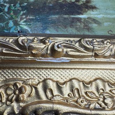 Sale Photo Thumbnail #122: This is a trio of G. Lancois oils on canvas. They are 19th century European pieces, depicting journey and romance. There is age related wear, including craquelure, some early repairs, and minimal paint loss. There is also some minimal gesso loss to the fr