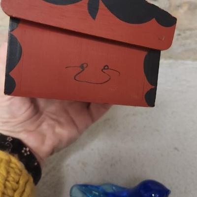Sale Photo Thumbnail #117: Three different blue birds of happiness and a gorgeous little rosemalled box trunk