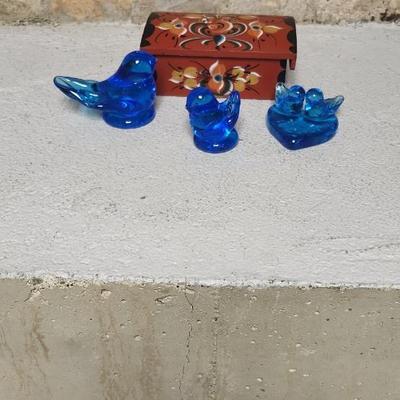 Sale Photo Thumbnail #109: Three different blue birds of happiness and a gorgeous little rosemalled box trunk