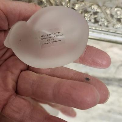 Sale Photo Thumbnail #140: Mirrored dresser tray with a pewter porringer, Hummel Girl with Geese, sleeping kitty, Bing and Grondahl thimble and a Zsolnay Bunny figurine