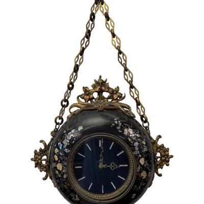 Sale Photo Thumbnail #124: Made in France, this Napoleon III era piece has a black lacquered finish with mother of pearl inlay, and brass accents. It includes a hanging chain. It has not been tested. Two screws are missing, but the piece is still sturdy. Measurement: 13.5” Diamet