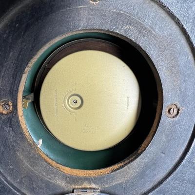 Sale Photo Thumbnail #128: Made in France, this Napoleon III era piece has a black lacquered finish with mother of pearl inlay, and brass accents. It includes a hanging chain. It has not been tested. Two screws are missing, but the piece is still sturdy. Measurement: 13.5” Diamet