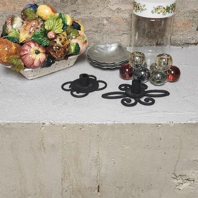 Sale Photo Thumbnail #154: Italian Capodimonte Fruit basket (chippy), Spice of Life Container, 4 metal shell dishes and a couple pairs of candle holders
