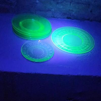 Sale Photo Thumbnail #178: 5 swirl dessert plates, a Block Optic lunch plate and saucer -Glowing!!