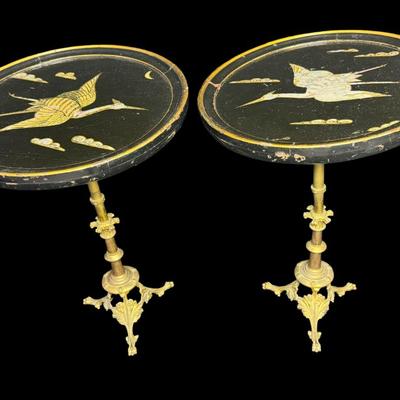 Sale Photo Thumbnail #131: These lacquered tables have mother of pearl flying cranes and clouds. The pedestals are constructed of brass and lacquered wood. There is some paint loss on the edges, and one base is not straight, and may have been bent at one time. Measurement: 16.5”H