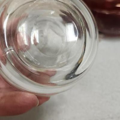 Sale Photo Thumbnail #200: Crystal cake plate, beautiful little blown creamer, vintage leaf bowl and a fantastic Egermann etched candy dish in cranberry