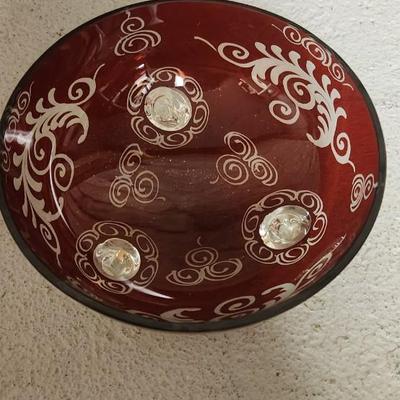 Sale Photo Thumbnail #204: Crystal cake plate, beautiful little blown creamer, vintage leaf bowl and a fantastic Egermann etched candy dish in cranberry