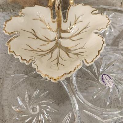Sale Photo Thumbnail #193: Crystal cake plate, beautiful little blown creamer, vintage leaf bowl and a fantastic Egermann etched candy dish in cranberry