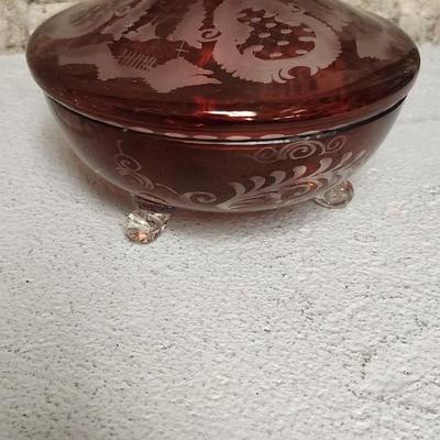 Sale Photo Thumbnail #202: Crystal cake plate, beautiful little blown creamer, vintage leaf bowl and a fantastic Egermann etched candy dish in cranberry