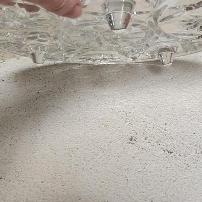 Sale Photo Thumbnail #198: Crystal cake plate, beautiful little blown creamer, vintage leaf bowl and a fantastic Egermann etched candy dish in cranberry
