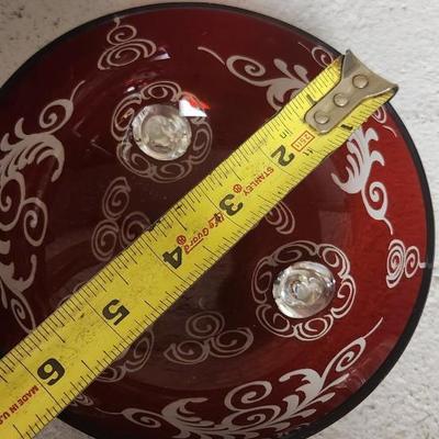Sale Photo Thumbnail #205: Crystal cake plate, beautiful little blown creamer, vintage leaf bowl and a fantastic Egermann etched candy dish in cranberry