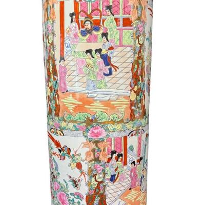 Sale Photo Thumbnail #140: This pattern is also known as Rose Medallion. The panels on this piece depict Chinese figures in courtly or domestic scenes. There is age related wear. Measurement: 23.5”H x 8.5”W. [JP]