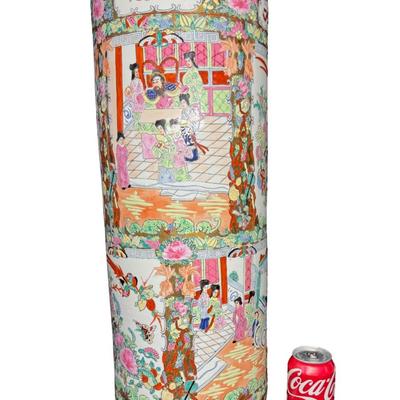 Sale Photo Thumbnail #141: This pattern is also known as Rose Medallion. The panels on this piece depict Chinese figures in courtly or domestic scenes. There is age related wear. Measurement: 23.5”H x 8.5”W. [JP]