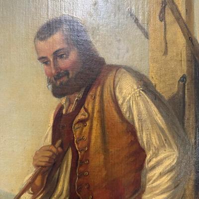 Sale Photo Thumbnail #148: This piece features what is believed to be a Gypsy family in the Alps or Balkans. There is a repair in the bottom left hand corner (pictured). Measurement: 52”H x 42”W. [JP]