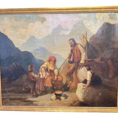 Sale Photo Thumbnail #147: This piece features what is believed to be a Gypsy family in the Alps or Balkans. There is a repair in the bottom left hand corner (pictured). Measurement: 52”H x 42”W. [JP]