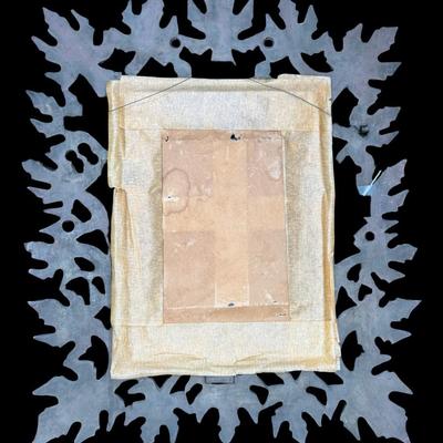 Sale Photo Thumbnail #167: This piece features crushed turquoise enameled into a brass frame, with rhinestones along the border. A mother of pearl rose serves as the focal point of the piece. The bottom right shows some cracks in the enamel, but there is no stone loss. Measurement: