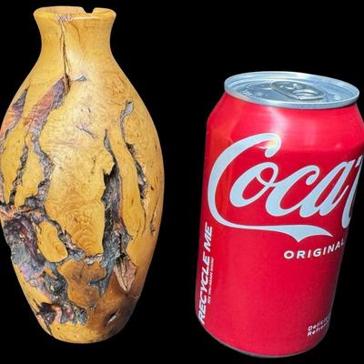 Sale Photo Thumbnail #176: This vase showcases the natural beauty and unique patterns of the wood grain and burl. The signature, if any, may be under the felt on the base. Measurement: 6”H x 3”W. [JP]