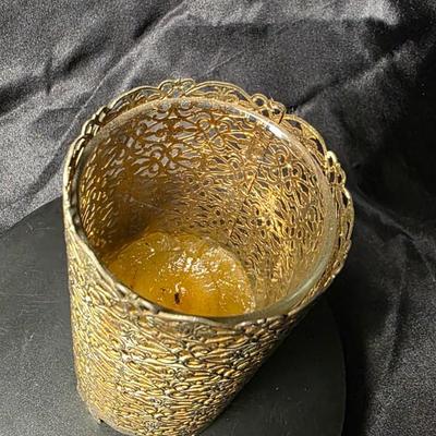 Vintage Revlon “Intimate” Fragrance Candle in Ornate Gold Filigree Holder – Hollywood Regency Style
