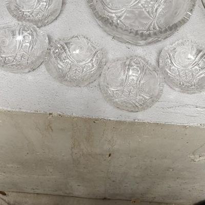 Sale Photo Thumbnail #254: Lariat Etched Platter, Etched Cake plate, crystal sherbets, 2 berry sets, a cracked crystal basket, Avon Glass egg, etc etc