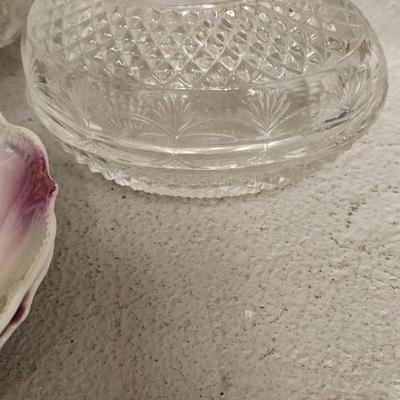 Sale Photo Thumbnail #251: Lariat Etched Platter, Etched Cake plate, crystal sherbets, 2 berry sets, a cracked crystal basket, Avon Glass egg, etc etc