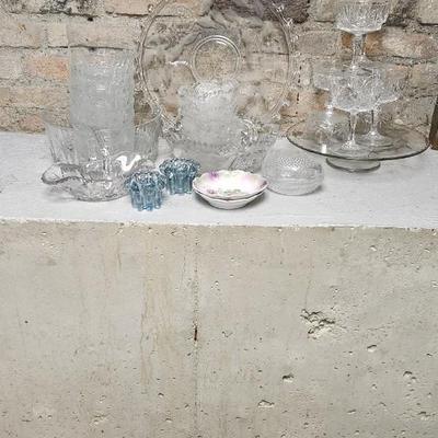 Sale Photo Thumbnail #247: Lariat Etched Platter, Etched Cake plate, crystal sherbets, 2 berry sets, a cracked crystal basket, Avon Glass egg, etc etc