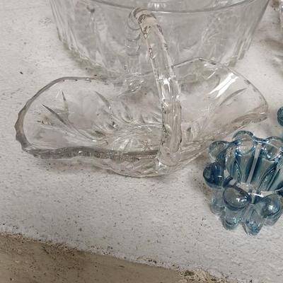 Sale Photo Thumbnail #248: Lariat Etched Platter, Etched Cake plate, crystal sherbets, 2 berry sets, a cracked crystal basket, Avon Glass egg, etc etc