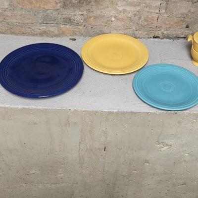 Sale Photo Thumbnail #337: Cobalt Chop plate, Sunflower Dinner Plate (chipped), Turquoise Lunch plate. Pair of salt and peppers and a harlequin cream and sugar