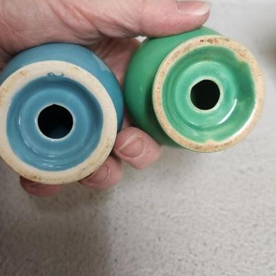 Sale Photo Thumbnail #336: Cobalt Chop plate, Sunflower Dinner Plate (chipped), Turquoise Lunch plate. Pair of salt and peppers and a harlequin cream and sugar