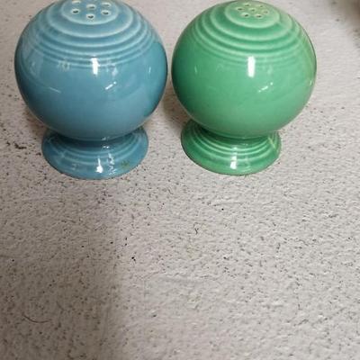 Sale Photo Thumbnail #335: Cobalt Chop plate, Sunflower Dinner Plate (chipped), Turquoise Lunch plate. Pair of salt and peppers and a harlequin cream and sugar