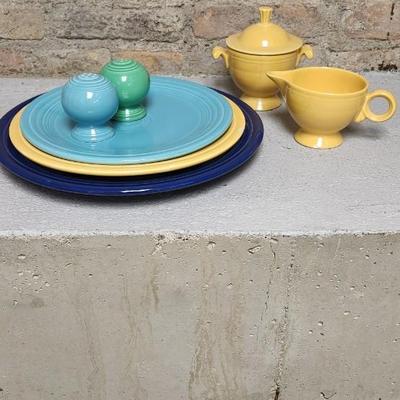 Sale Photo Thumbnail #331: Cobalt Chop plate, Sunflower Dinner Plate (chipped), Turquoise Lunch plate. Pair of salt and peppers and a harlequin cream and sugar