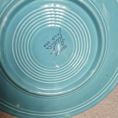 Sale Photo Thumbnail #343: Cobalt Chop plate, Sunflower Dinner Plate (chipped), Turquoise Lunch plate. Pair of salt and peppers and a harlequin cream and sugar