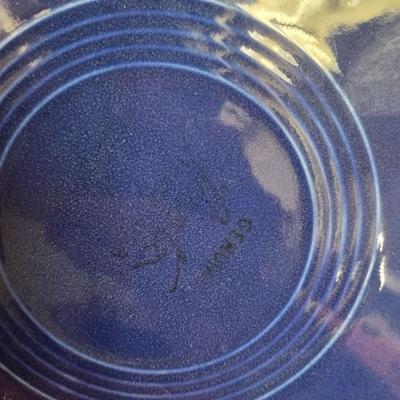 Sale Photo Thumbnail #341: Cobalt Chop plate, Sunflower Dinner Plate (chipped), Turquoise Lunch plate. Pair of salt and peppers and a harlequin cream and sugar