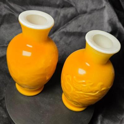 Pair of Vintage Avon “Spring Bouquet” Amber Milk Glass Fragranced Vases – 1981 Collectible Set