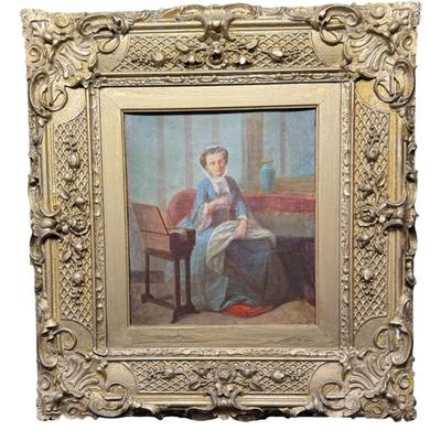 Sale Photo Thumbnail #188: This mid 19th century Houssot piece features a woman sewing with a period box beside her. It is in a Victorian style frame.  There is some craquelure throughout. Otherwise, this piece is free of damage to the canvas. Measurement: 16”H x 15”W. Pre-auct