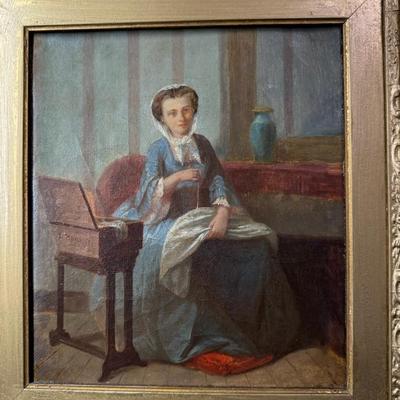 Sale Photo Thumbnail #189: This mid 19th century Houssot piece features a woman sewing with a period box beside her. It is in a Victorian style frame.  There is some craquelure throughout. Otherwise, this piece is free of damage to the canvas. Measurement: 16”H x 15”W. Pre-auct