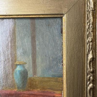 Sale Photo Thumbnail #190: This mid 19th century Houssot piece features a woman sewing with a period box beside her. It is in a Victorian style frame.  There is some craquelure throughout. Otherwise, this piece is free of damage to the canvas. Measurement: 16”H x 15”W. Pre-auct