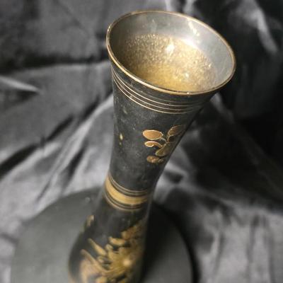 Vintage Black & Gold Hand-Etched Brass Vase – Indian Floral Motif